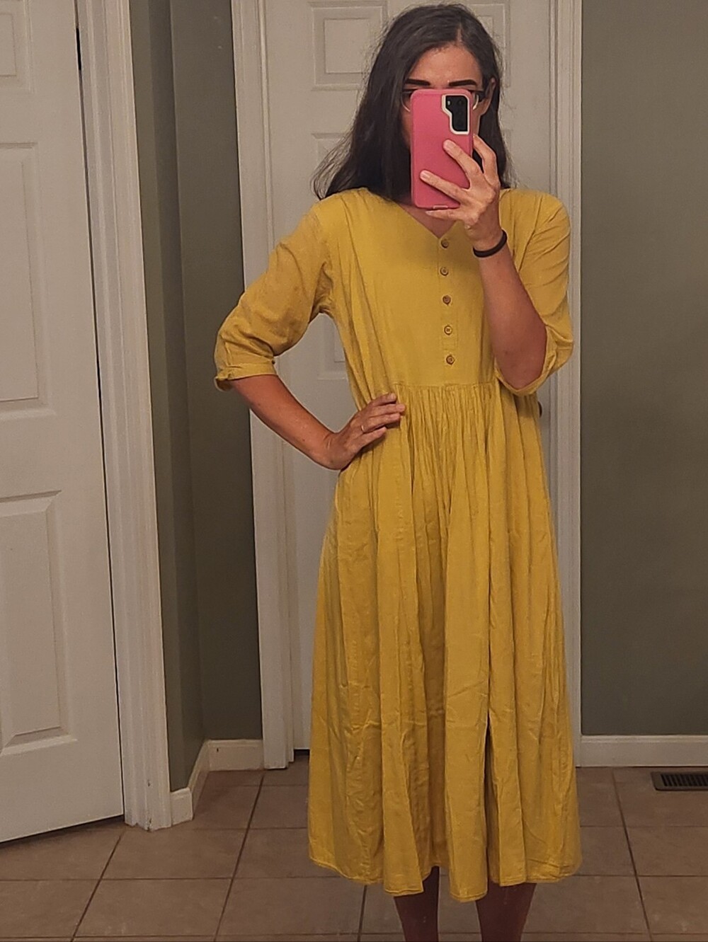 Khara Kapas 100% Indian Cotton Stunning Midi Dress with Long Sleeves Size M